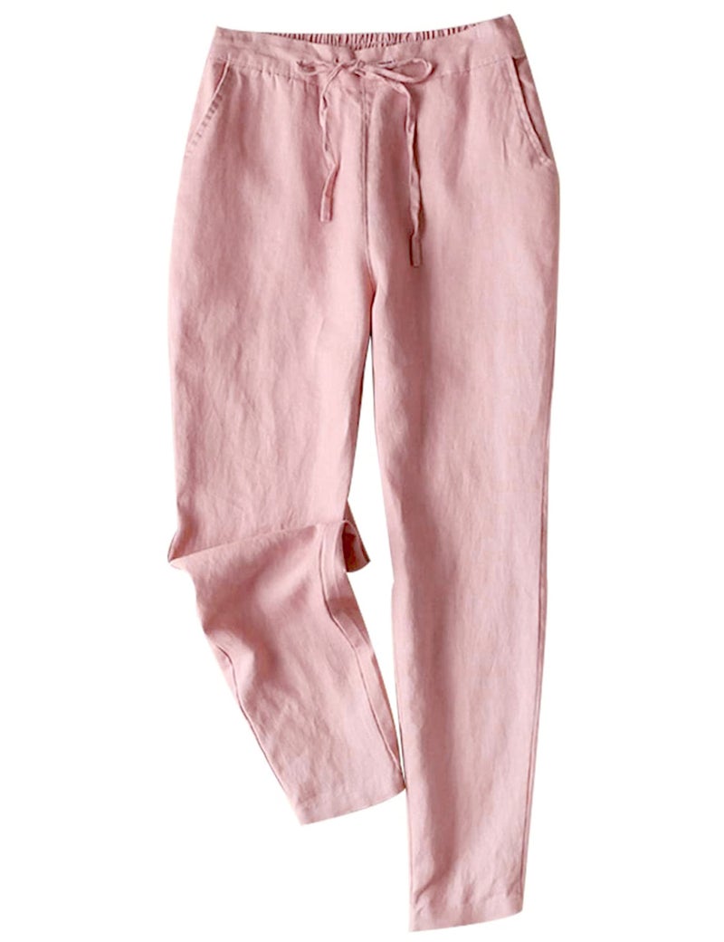 Tanming Linen Pants for Women Summer Casual High Waisted Drawstring White Beach Pant (Pink, M) - Image 1